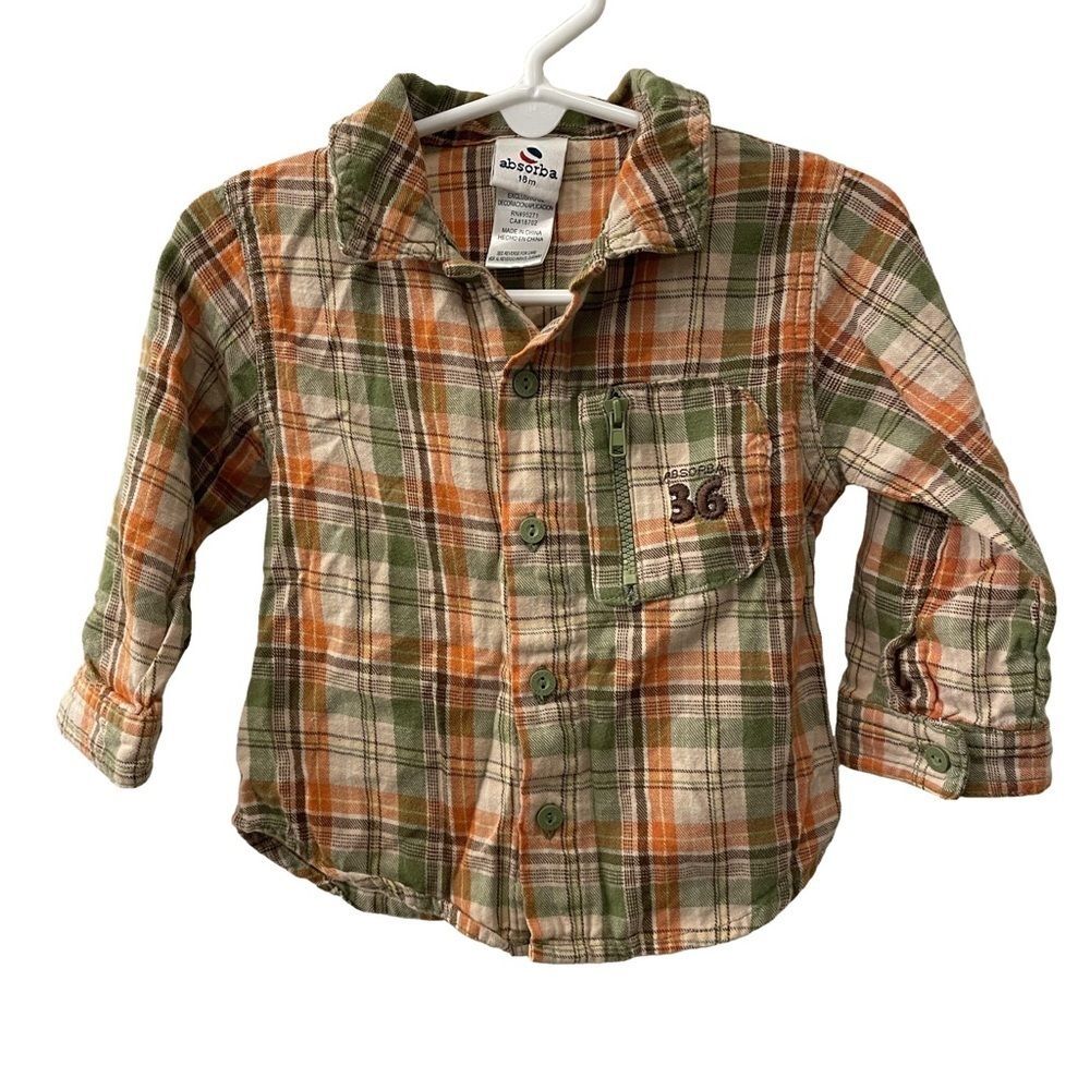 Absorba Button Down Shirt Plaid Orange Brown Green Boy Size 18 Months